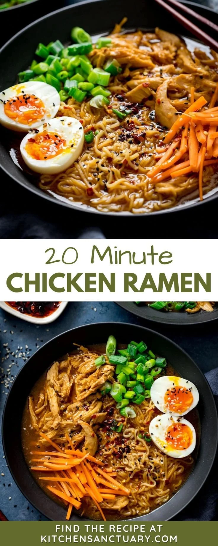 A bowl of delicious chicken ramen prepared in 20 minutes with fresh ingredients.