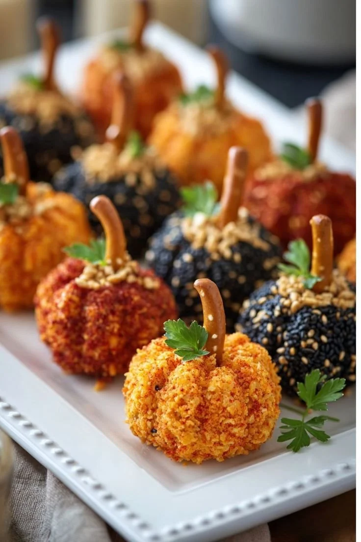 Mini pumpkin cheese balls shaped like pumpkins, ideal Halloween finger food.