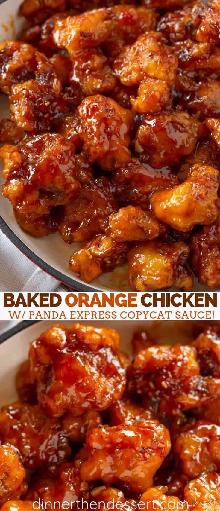 Baked Orange Chicken topped with Panda Express copycat orange sauce