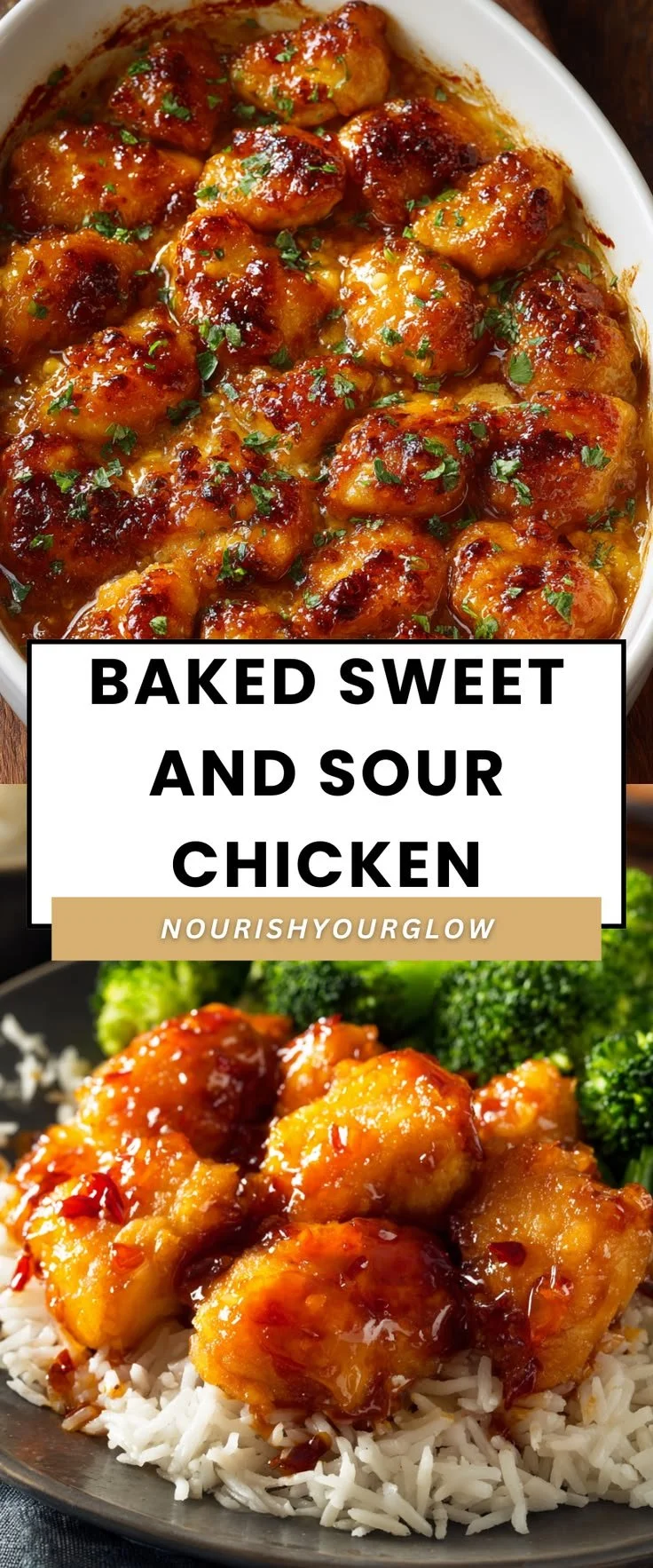 Delicious Baked Sweet and Sour Chicken served with colorful vegetables.