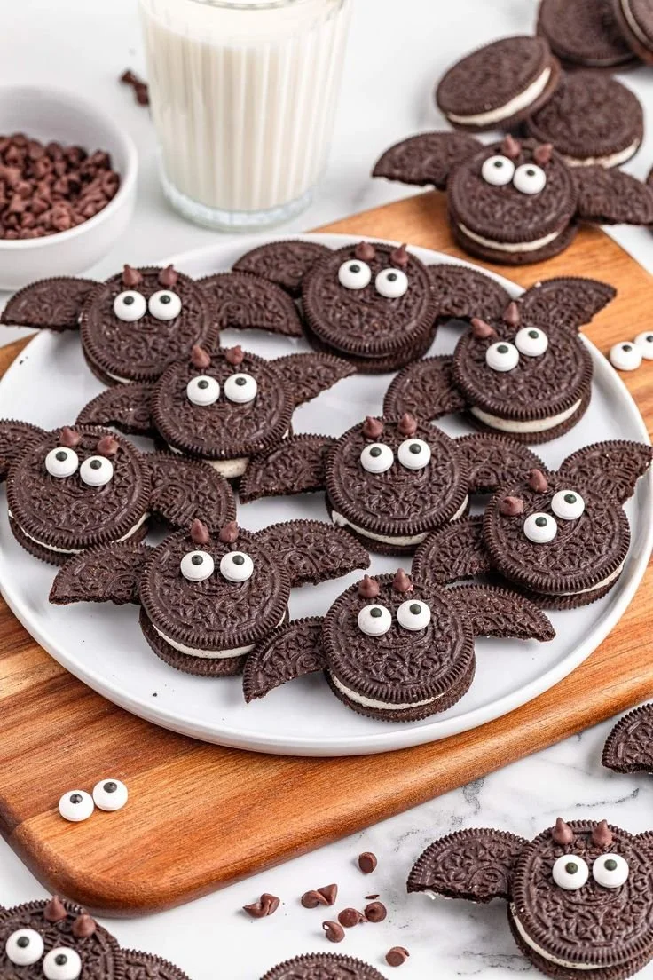 Delicious Bat Oreos decorated for Halloween with chocolate and candy.