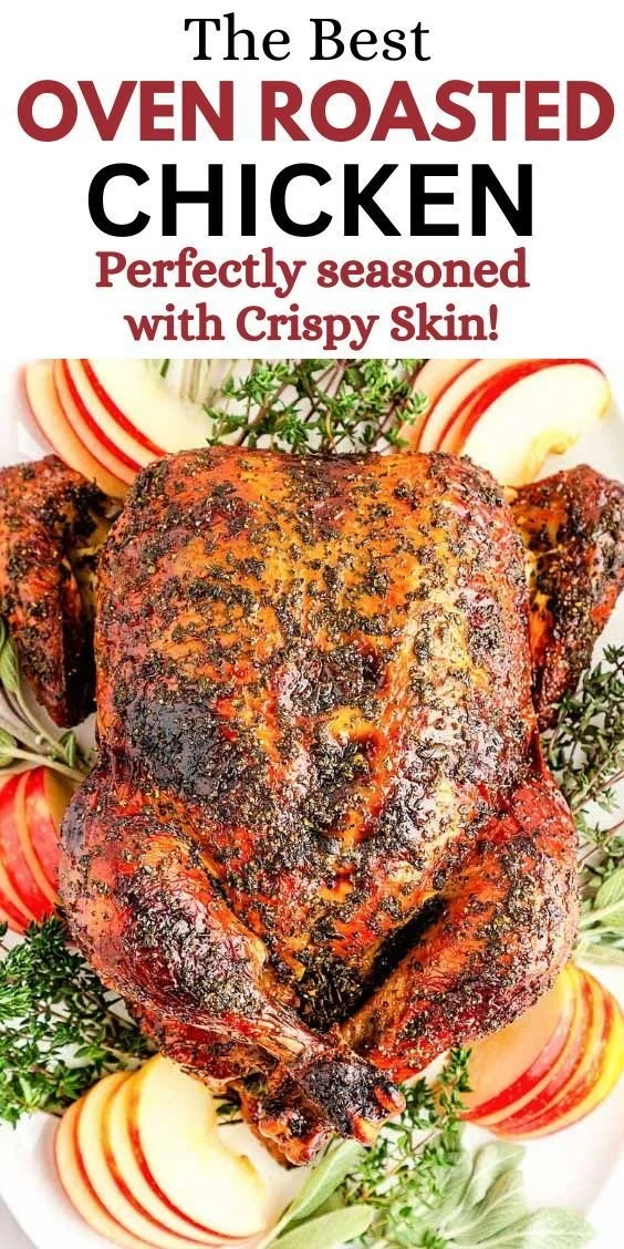 Herb roasted whole chicken garnished with fresh herbs and spices