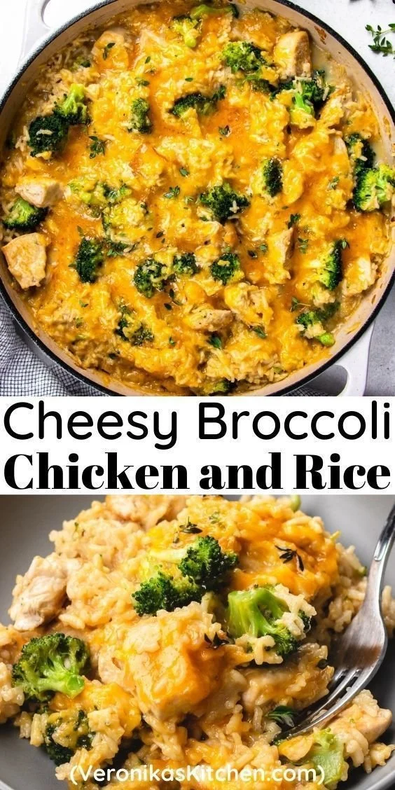 Cheesy broccoli chicken casserole served in a baking dish