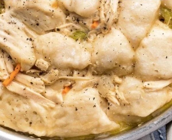 Bowl of Chicken and Dumplings with fresh herbs and vegetables