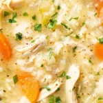 Chicken and Rice Soup 3 Bowl of homemade chicken rice soup with vegetables and herbs.