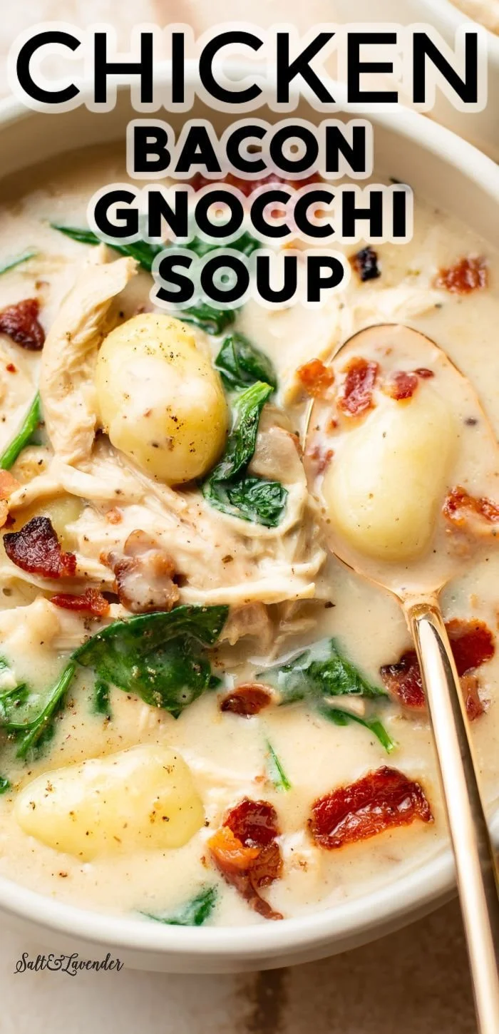 Bowl of Chicken Bacon Gnocchi Soup garnished with herbs