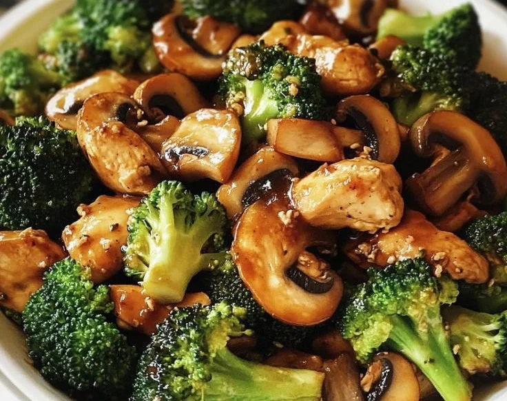 Delicious chicken stir-fry with broccoli and mushrooms served in a bowl