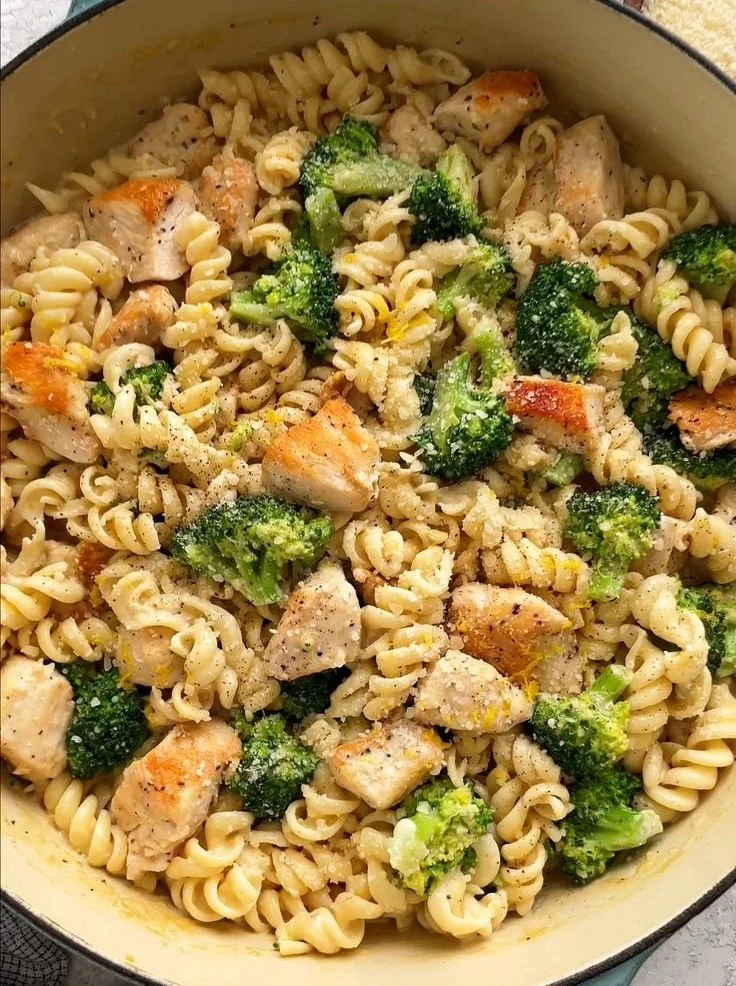 Creamy Chicken Broccoli Pasta in Lemon Sauce served in a bowl