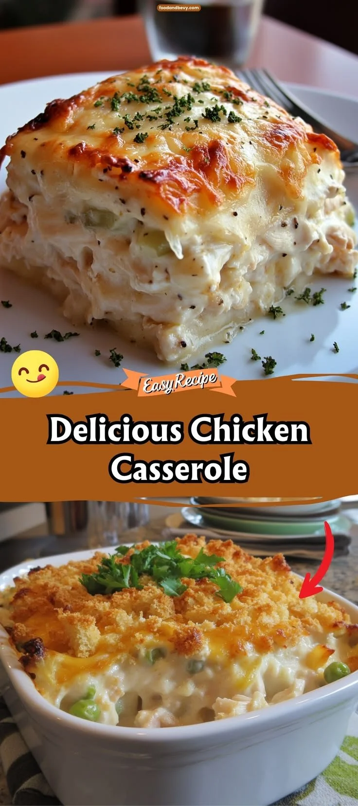 Delicious chicken casserole dish topped with crispy breadcrumbs and herbs