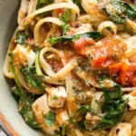 Delicious Chicken Feta Spinach Pasta served in a bowl