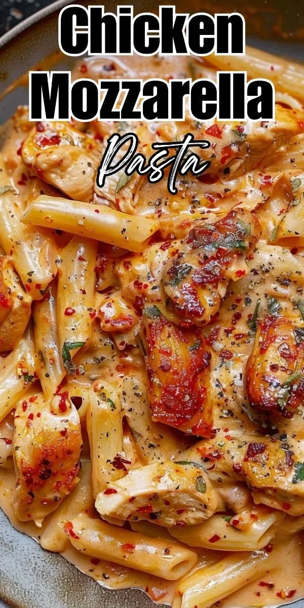 Plate of Chicken Mozzarella Pasta garnished with herbs and cheese