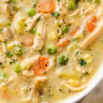 Chicken Pot Pie Soup 3 Delicious Chicken Pot Pie Soup served in a bowl with hearty vegetables