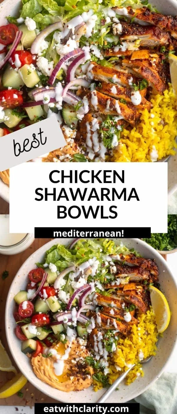 Delicious Chicken Shawarma Bowl with marinated chicken, veggies, and sauces