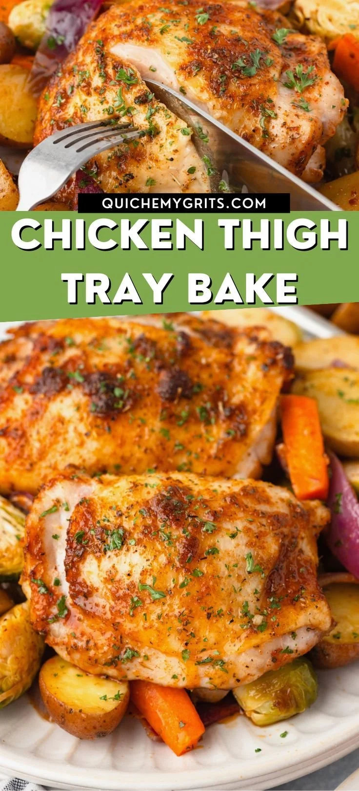 Delicious chicken thigh tray bake fresh out of the oven.