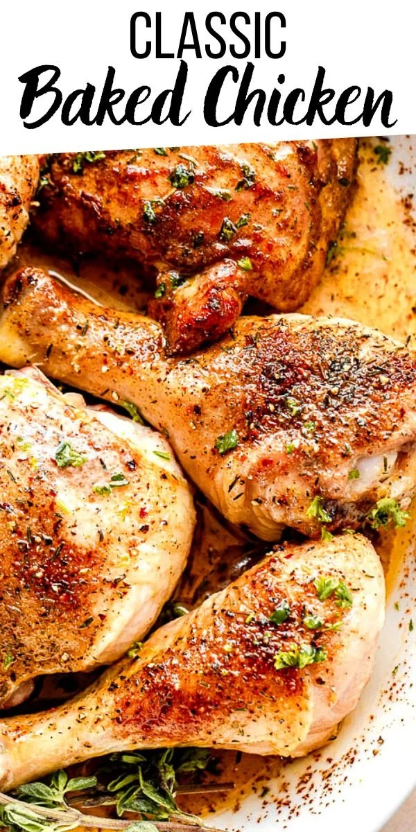 Delicious classic baked chicken pieces served with herbs and spices.