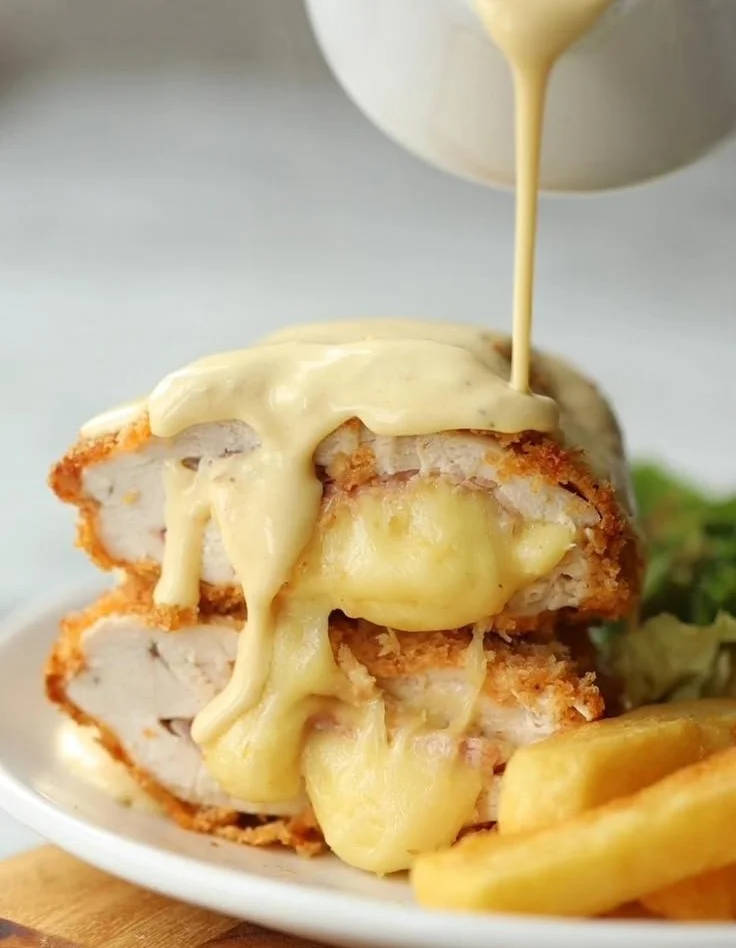 Delicious Classic Chicken Cordon Bleu served on a plate with herbs and side dishes.