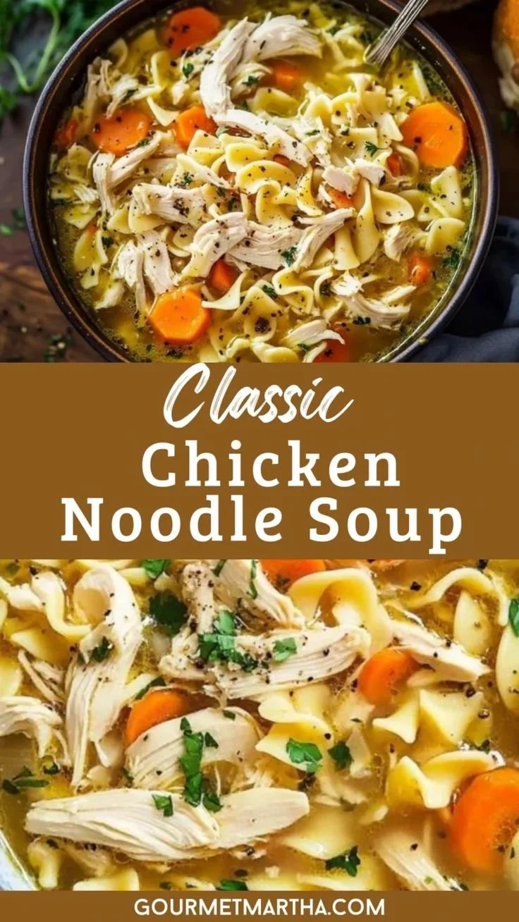 Bowl of classic chicken noodle soup with vegetables and herbs
