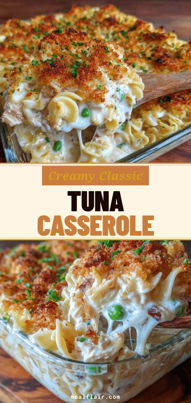 Classic homemade tuna casserole for family meals, featuring creamy sauce and pasta.