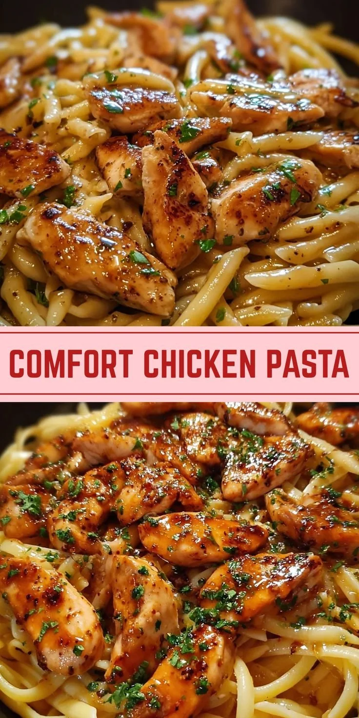 Delicious Comfort Chicken Pasta cooked in smoky garlic butter sauce.