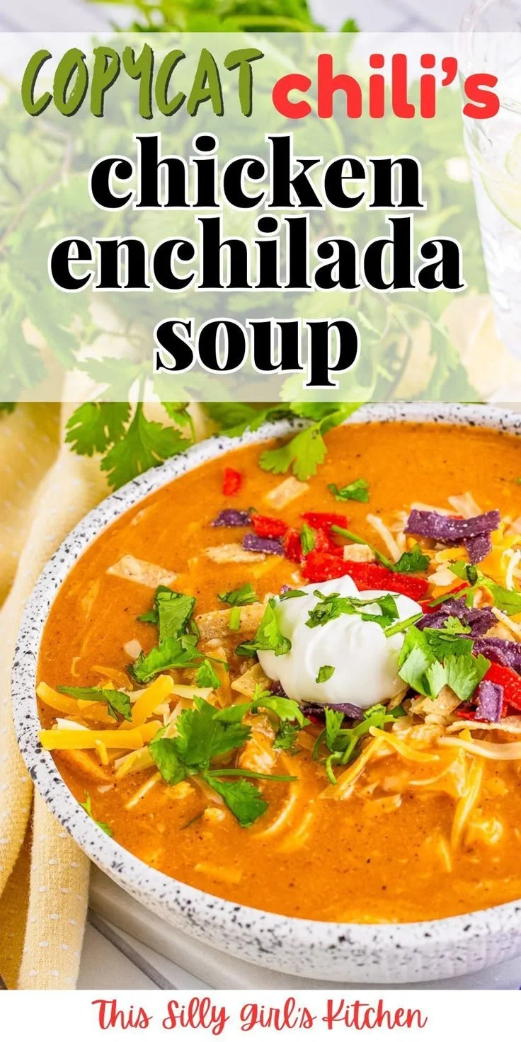 Bowl of CopyCat Chili's Chicken Enchilada Soup garnished with cilantro