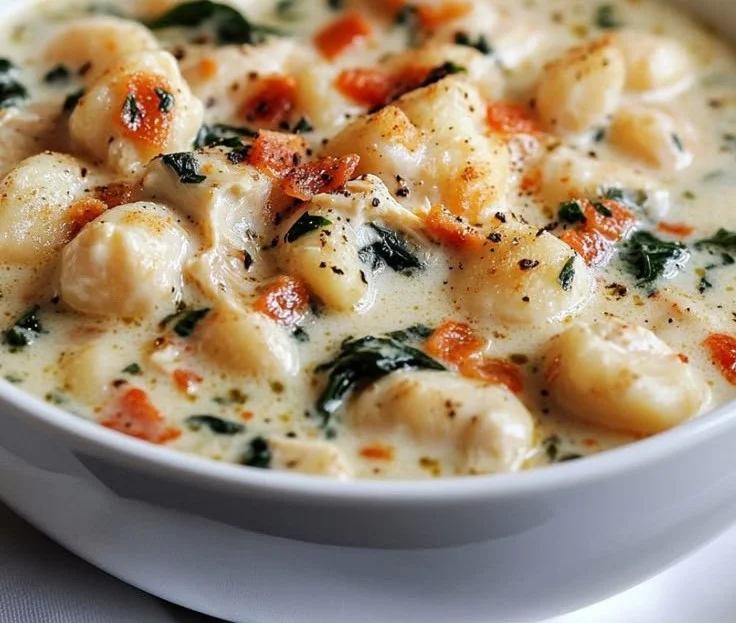 Bowl of creamy chicken gnocchi soup inspired by Olive Garden recipe