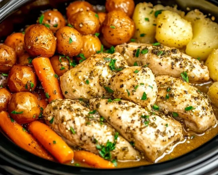 Crockpot Garlic Herb Chicken meal ready to serve