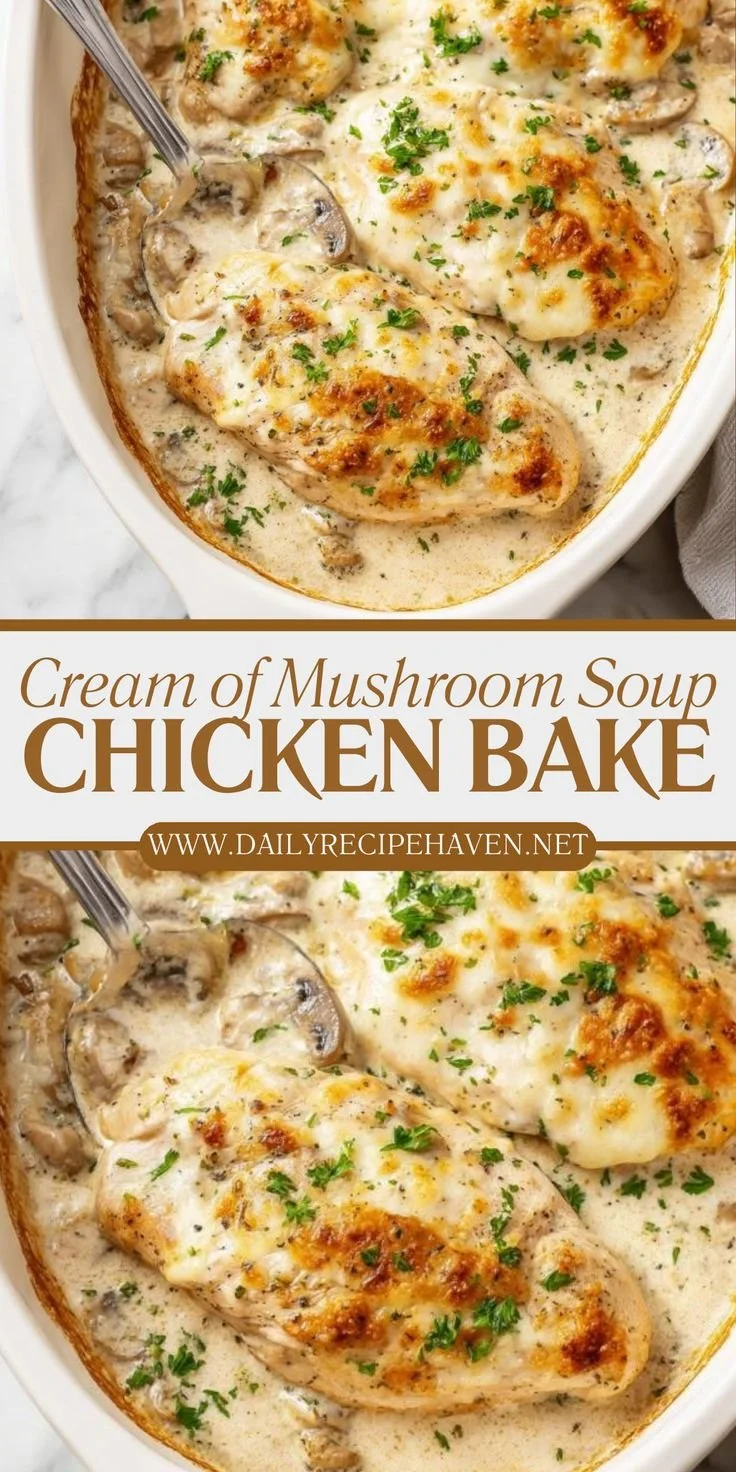 Cream of Mushroom Soup Chicken Bake topped with fresh herbs and served in a bowl.