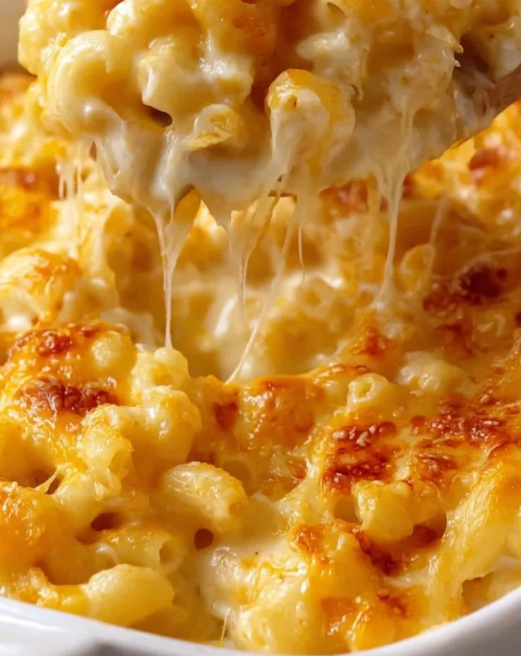 Delicious creamy baked macaroni and cheese served in a bowl
