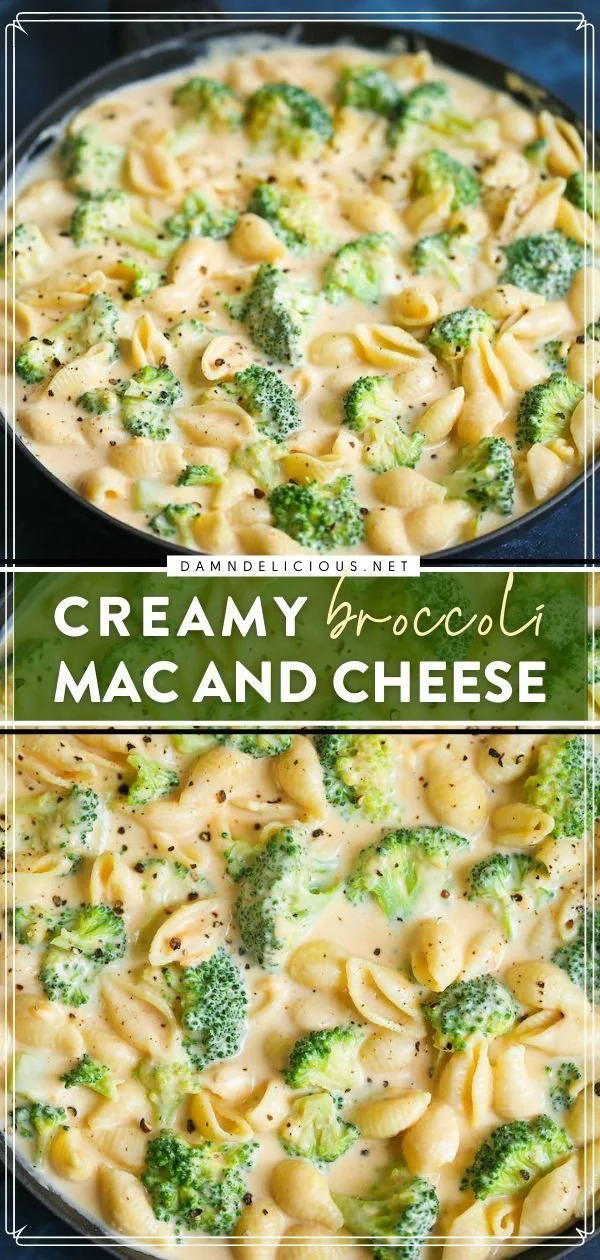 Creamy broccoli mac and cheese in a bowl with melted cheese and fresh broccoli
