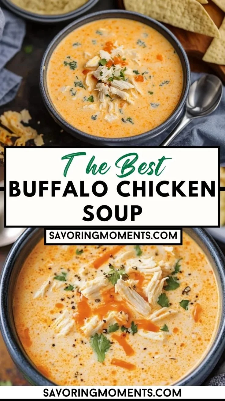 Bowl of creamy buffalo chicken soup topped with green onions and blue cheese