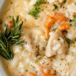 Creamy Chicken and Rice Soup 3 A bowl of creamy chicken and rice soup garnished with herbs