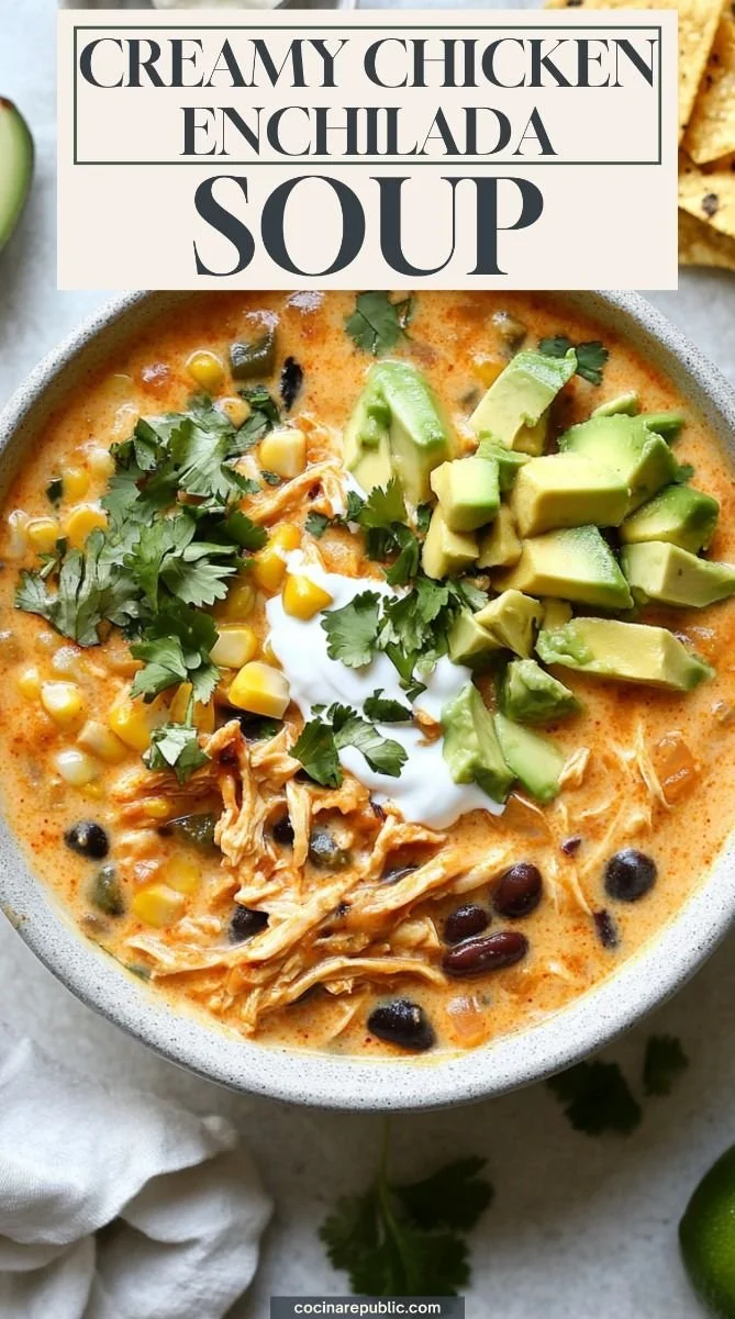 Bowl of creamy chicken enchilada soup topped with cheese and herbs