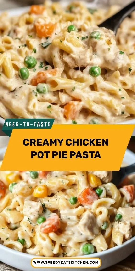 Creamy chicken pot pie pasta topped with flaky crust and fresh herbs