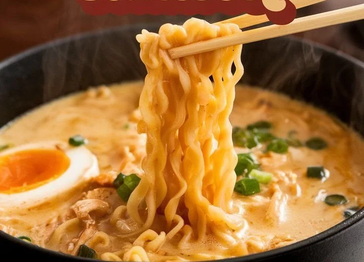 Delicious creamy chicken ramen soup in a cozy bowl with chopsticks