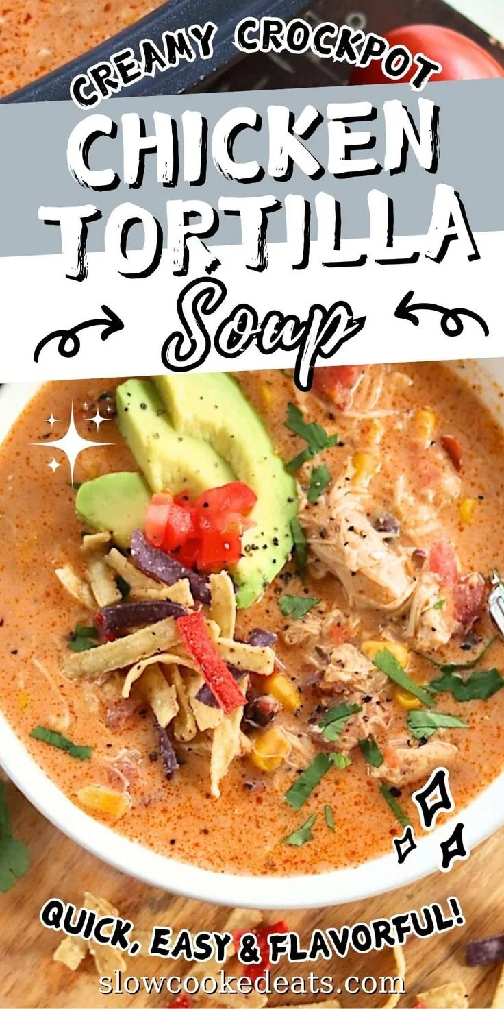 Creamy chicken tortilla soup in a crock pot served with toppings