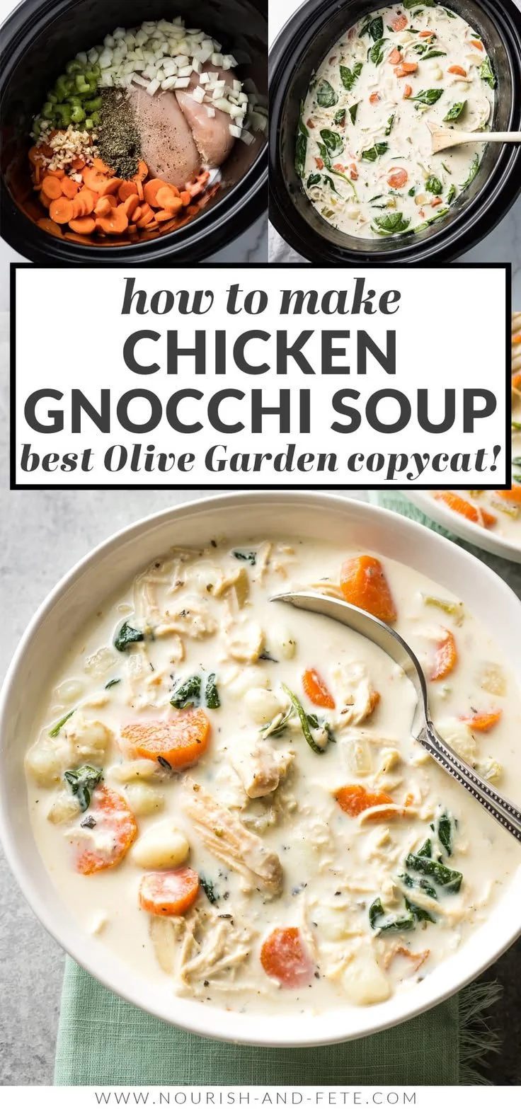 Bowl of creamy Crockpot chicken gnocchi soup garnished with parsley