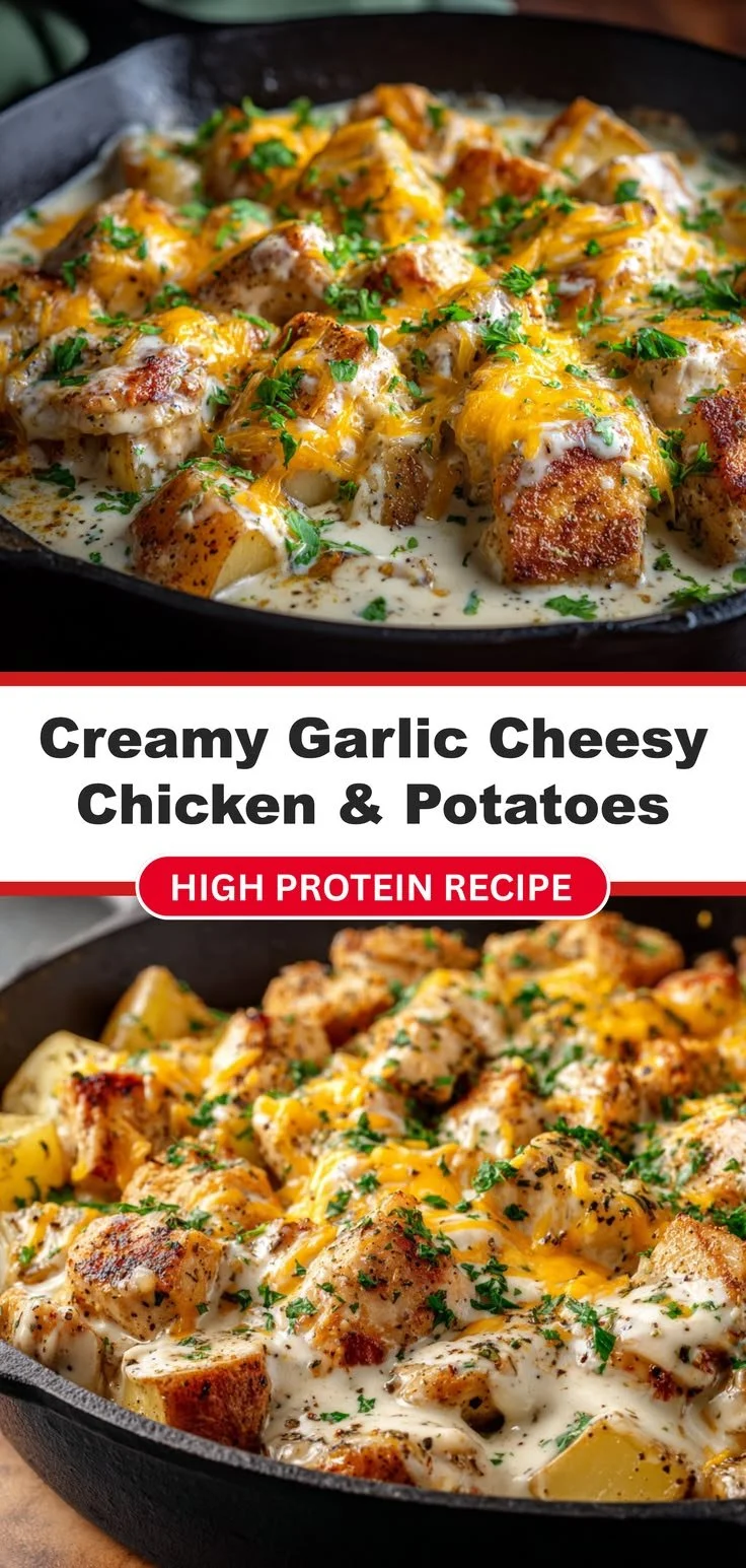 Creamy garlic cheesy chicken with potatoes, a high-protein comfort food dish