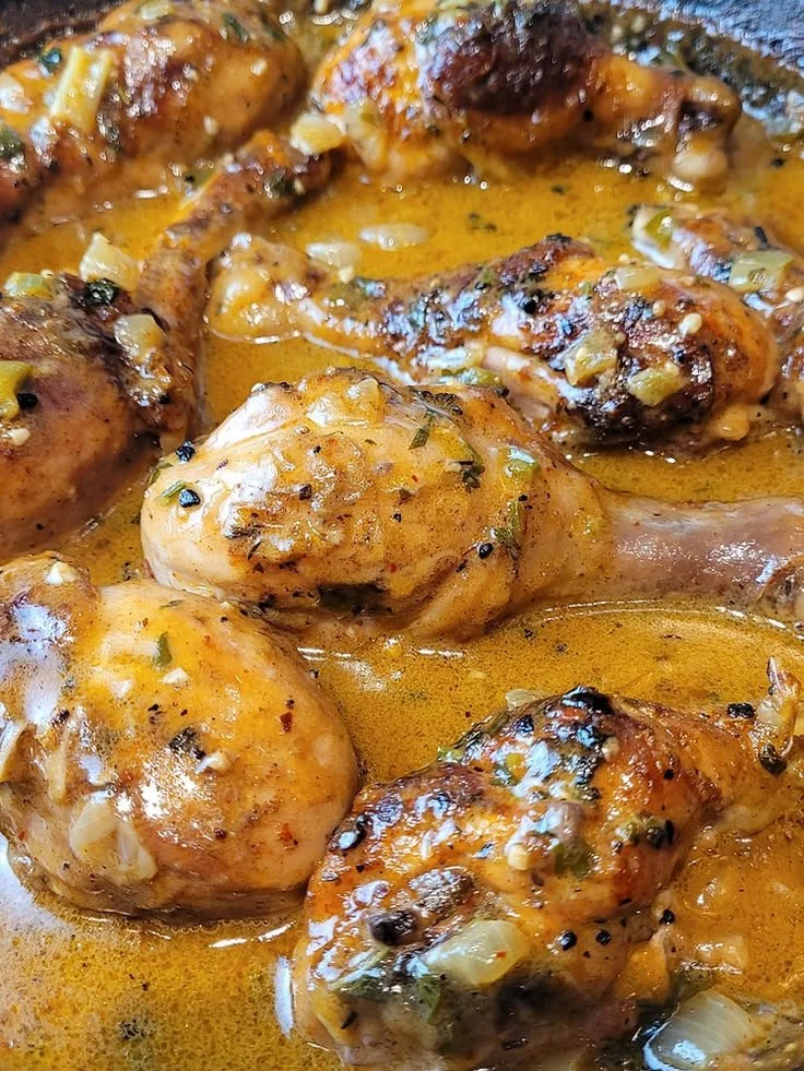 Creamy garlic chicken drumsticks in creamy sauce, ready to serve