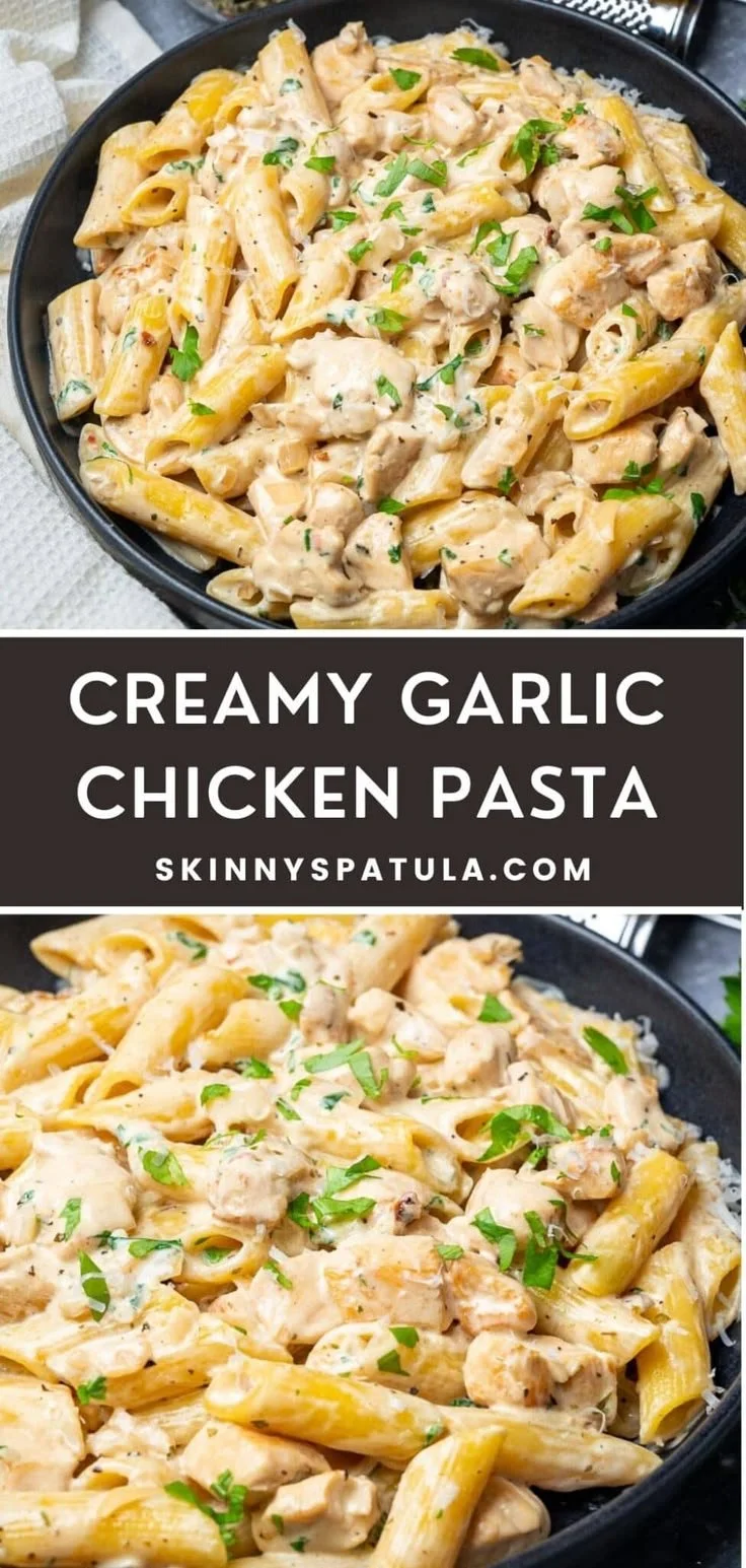 Creamy garlic chicken pasta served in a bowl with fresh herbs