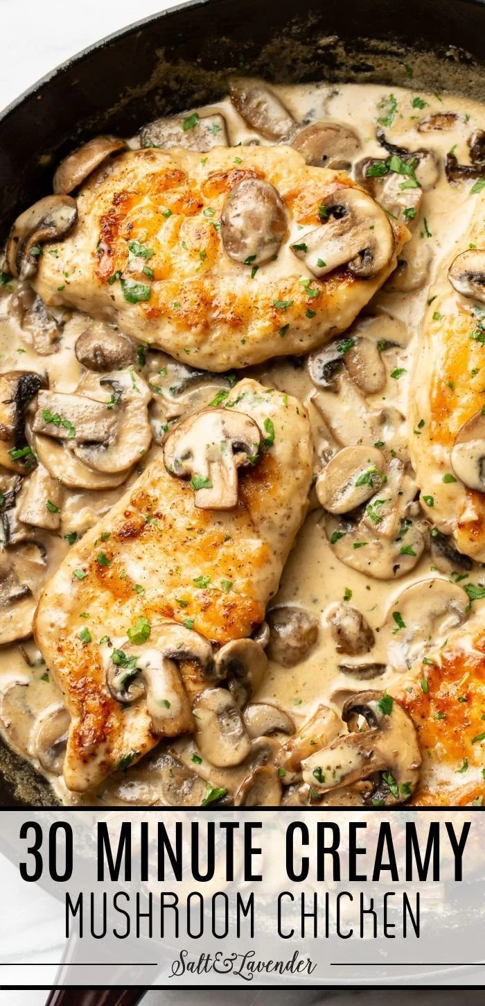 Creamy mushroom chicken dish with tender chicken pieces and rich sauce