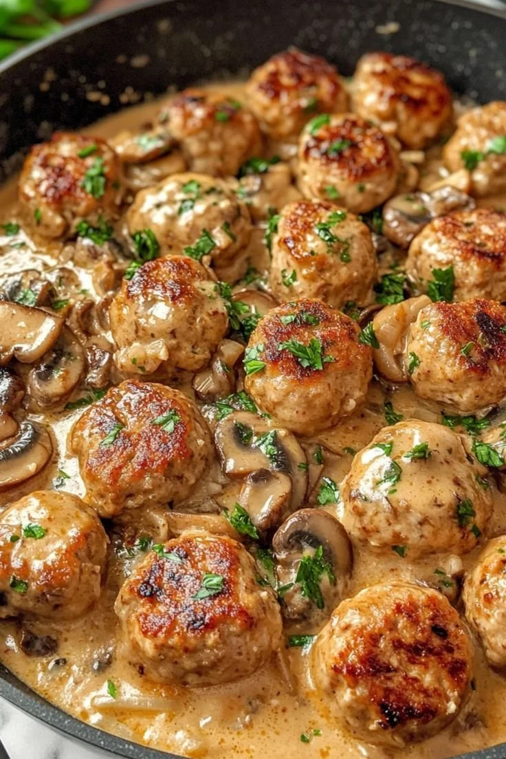 Creamy mushroom chicken meatballs served in a bowl