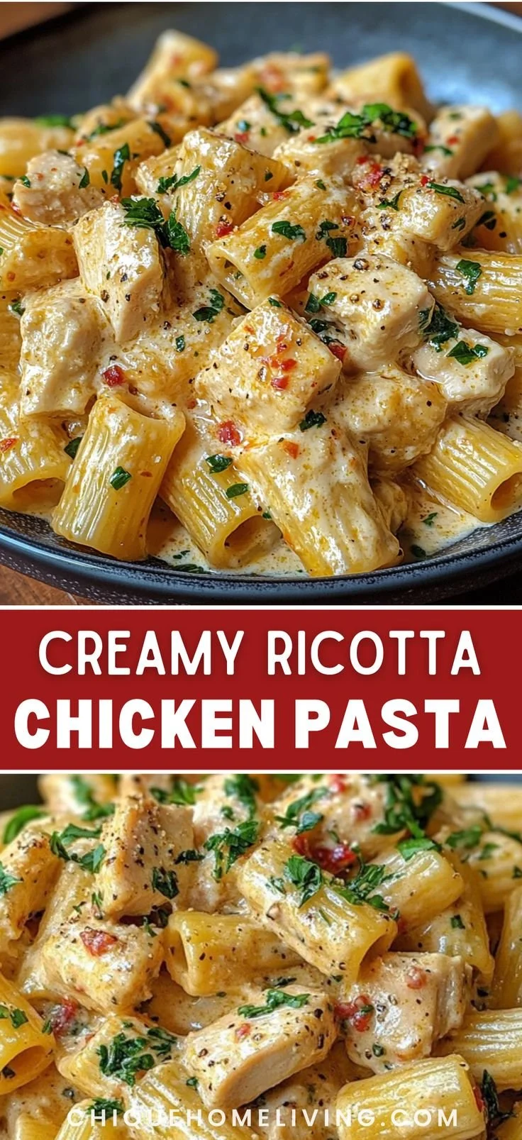 Creamy ricotta chicken pasta served in a bowl with fresh basil.