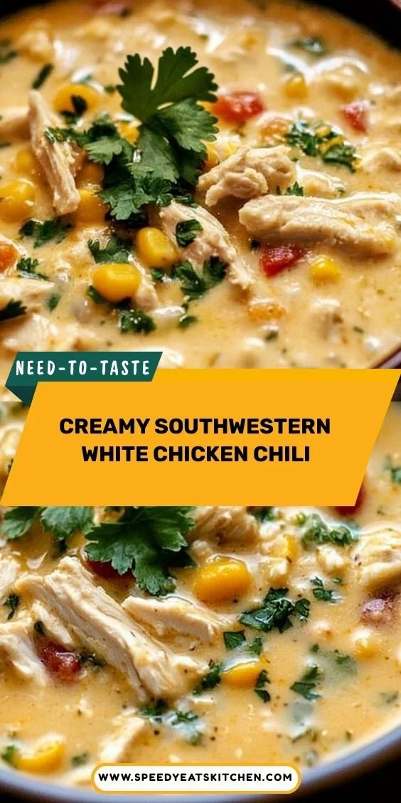 Bowl of creamy Southwestern white chicken chili topped with cilantro and cheese
