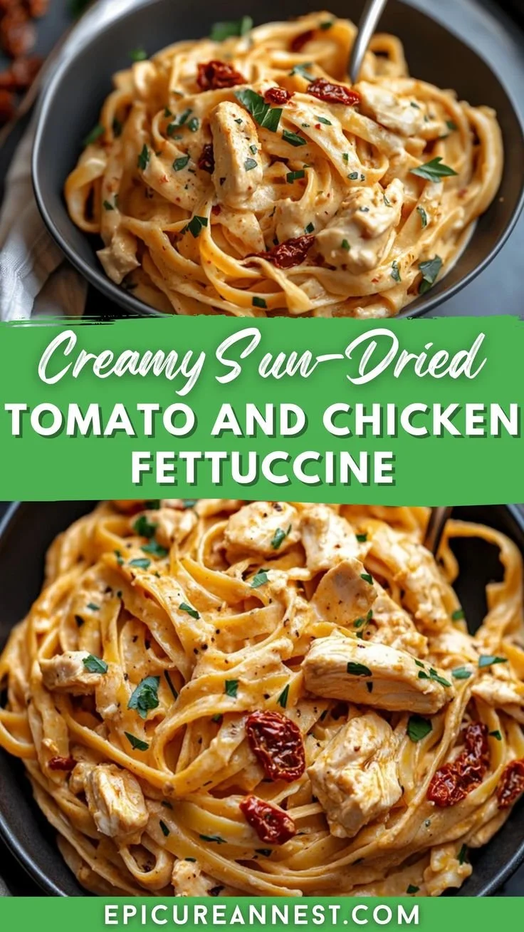 Creamy sun-dried tomato and chicken fettuccine dish garnished with herbs