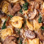 Creamy tortellini with spinach and mushrooms in a delicious sauce