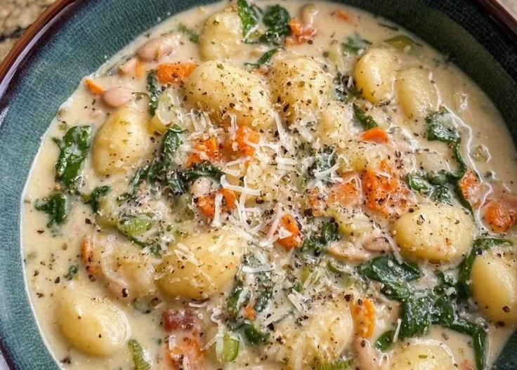 Creamy vegetarian gnocchi soup with fresh vegetables and herbs