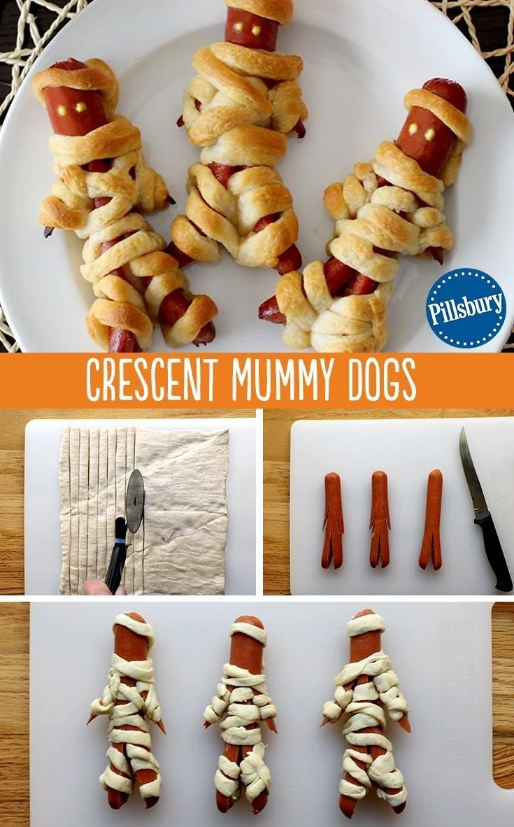 Crescent Mummy Dogs - Halloween party food shaped like mummies