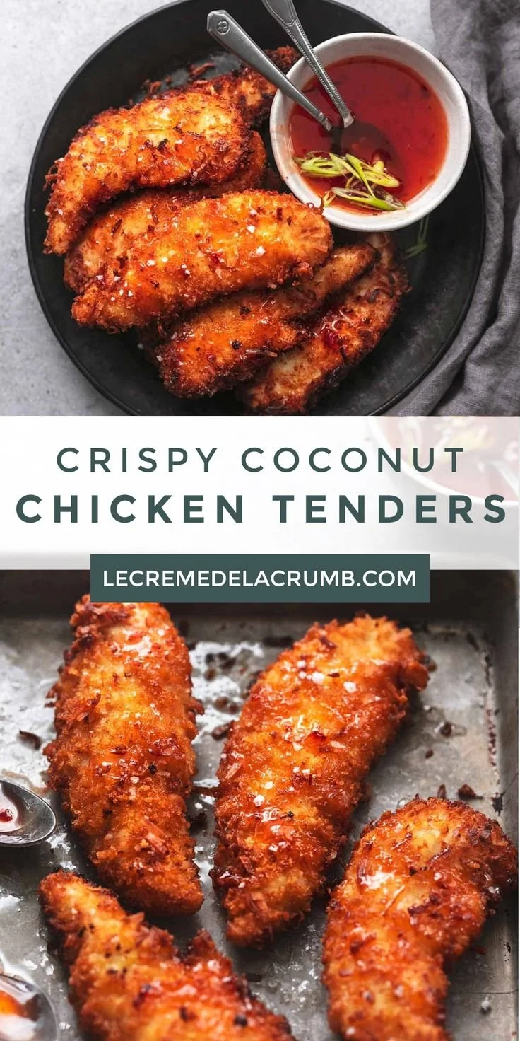 Plate of crispy coconut chicken tenders ready to be served