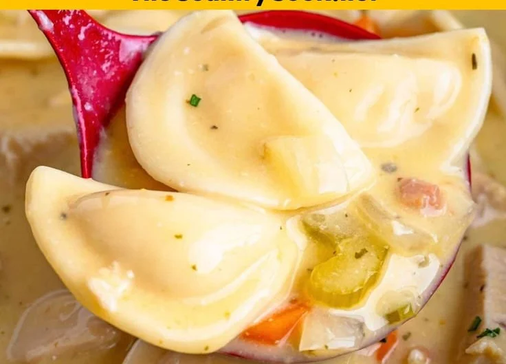 Delicious Crock Pot chicken pierogi stew served in a bowl with garnish