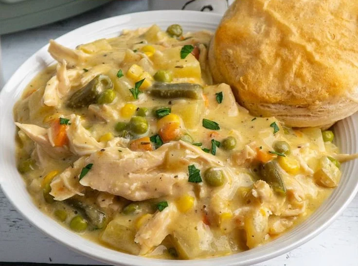 Delicious Crock Pot Chicken Pot Pie with vegetables and flaky crust